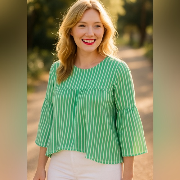 Michael Kors Green White Stripe Peasant Blouse Size L | Resort Wear NWT Timeless - Picture 1 of 11
